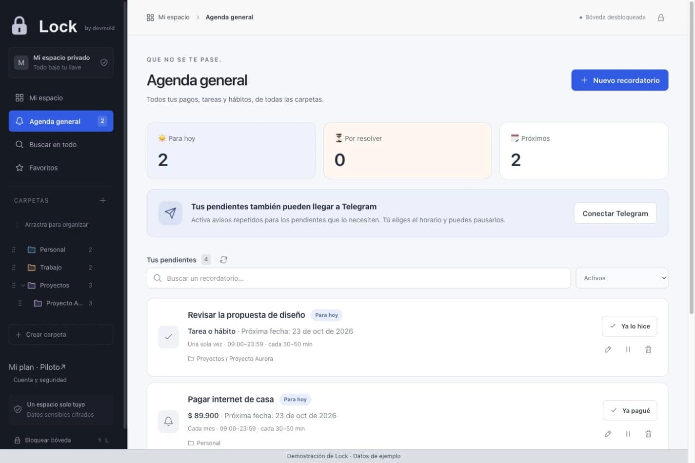 Agenda de Lock con dos pendientes para hoy, dos próximos y opciones para confirmar una tarea o un pago. Datos de ejemplo.