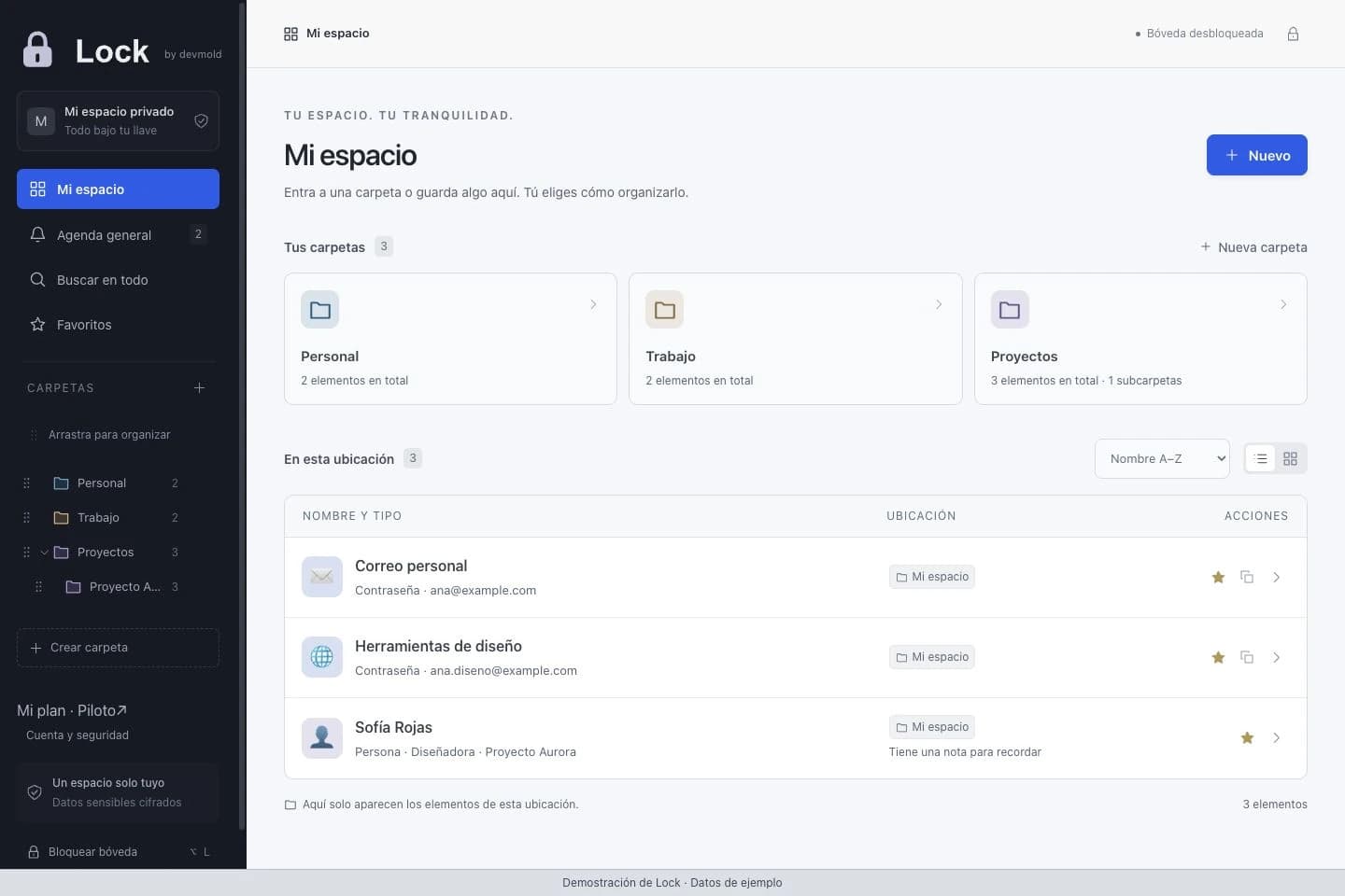 Interfaz de Lock: carpetas Personal, Trabajo y Proyectos, accesos guardados y una ficha de persona con datos de ejemplo.