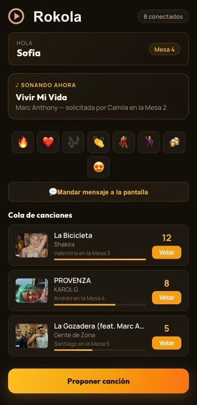 Rokola en el celular: canción actual, pedidos de las mesas y botones para votar y proponer una canción. Personas y votos de demostración.