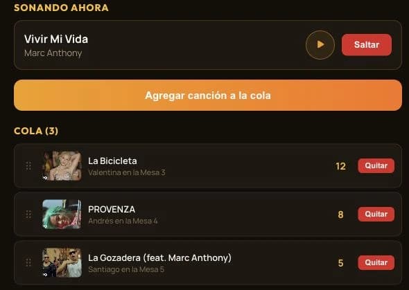 Detalle real del panel del DJ de Rokola con reproducción, canciones solicitadas por mesa, votos y controles para ordenar o quitar pedidos. Datos de demostración.