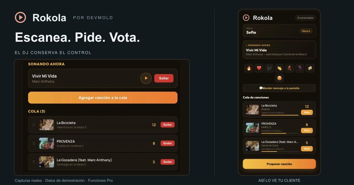 Rokola: captura del celular para pedir y votar canciones, junto al panel del DJ para administrar la cola. Demostración con funciones Pro.